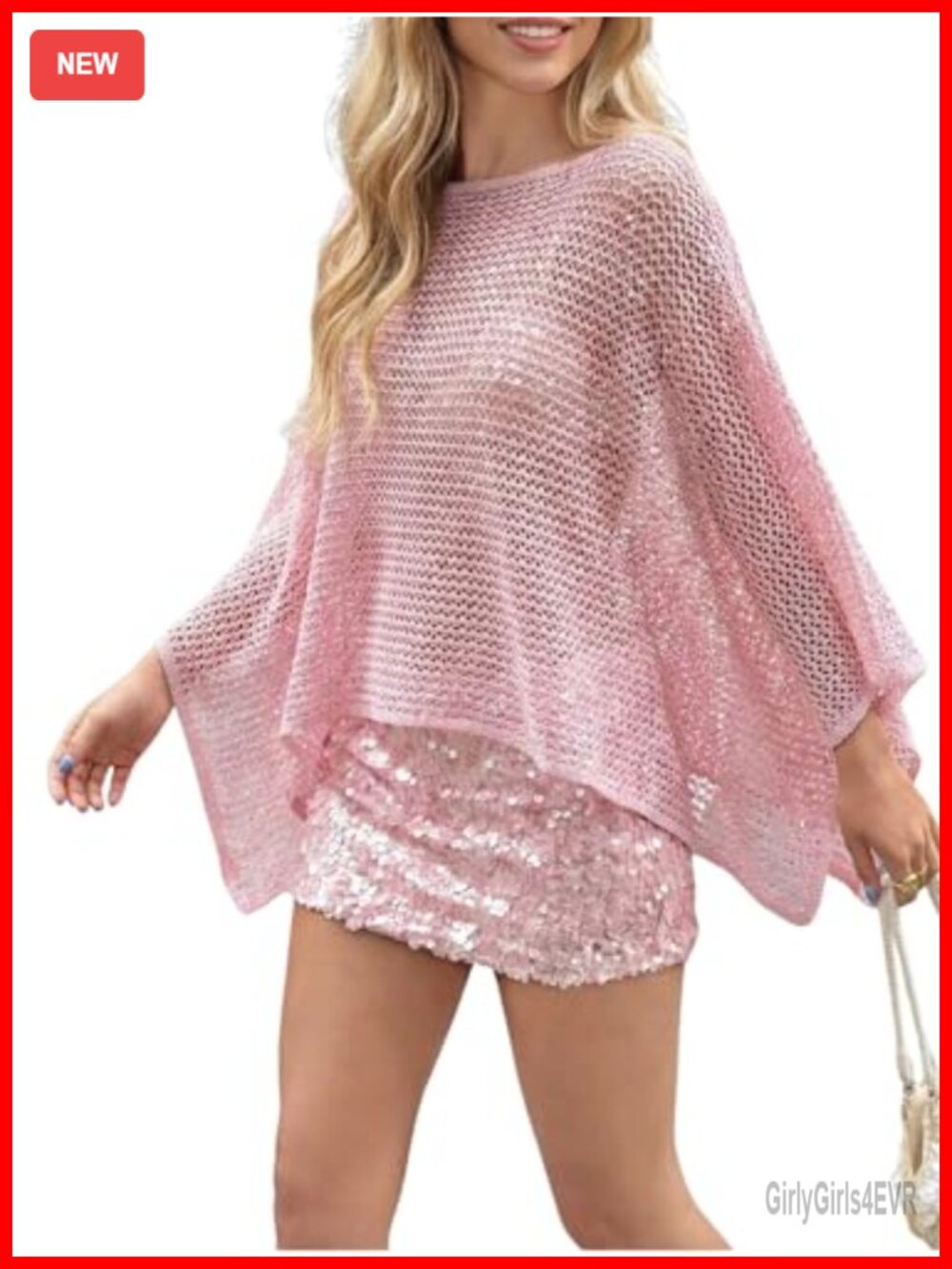 Sheer Crochet Sequin Poncho Cover Up Boat Neck 3/4 Sleeve Loose Fit